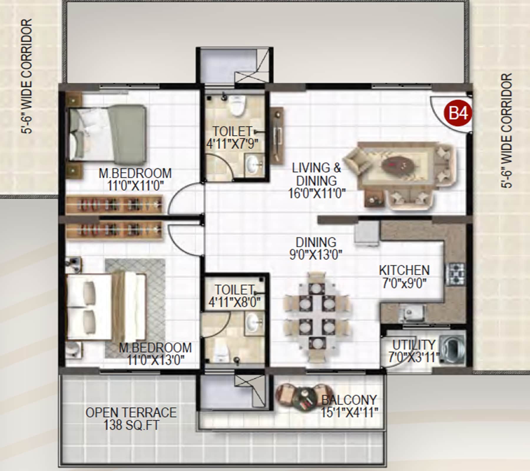 Floor plan of 2 BHK 1295 Sq. Ft. Apartment in United Sai Silicon Heights, Bangalore