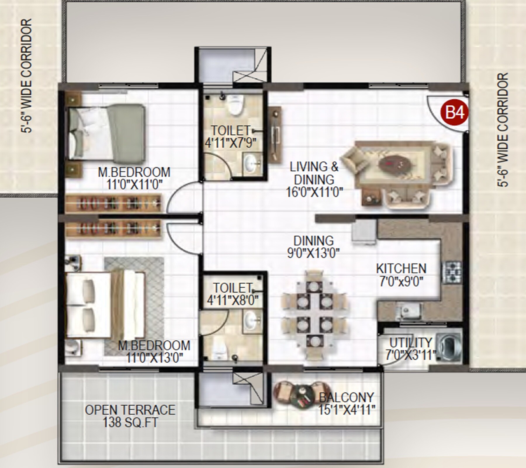 Floor plan of 2 BHK 1295 Sq. Ft. Apartment in United Sai Silicon Heights, Bangalore