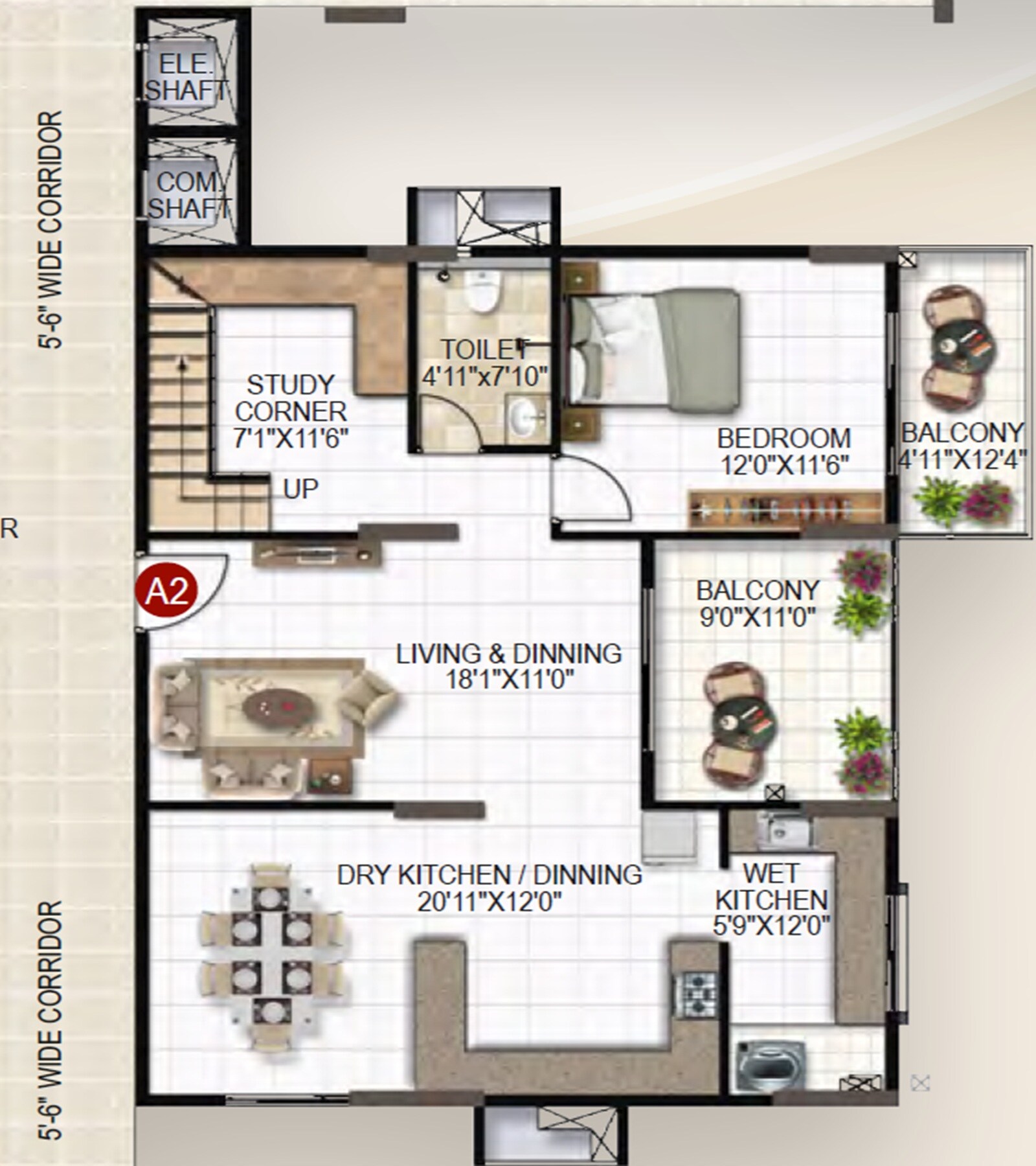 Floor plan of 3 BHK 1425 Sq. Ft. Apartment in United Sai Silicon Heights, Bangalore