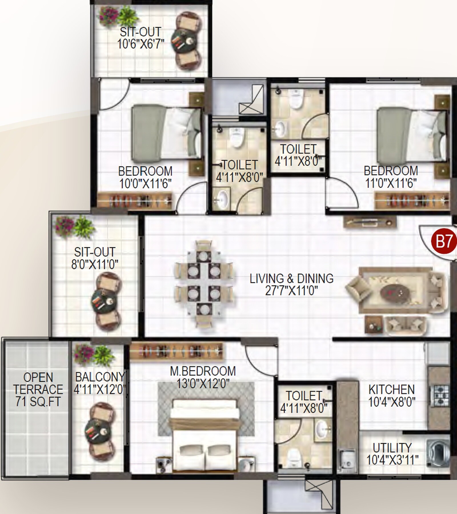 Floor plan of 3 BHK 1775 Sq. Ft. Apartment in United Sai Silicon Heights, Bangalore