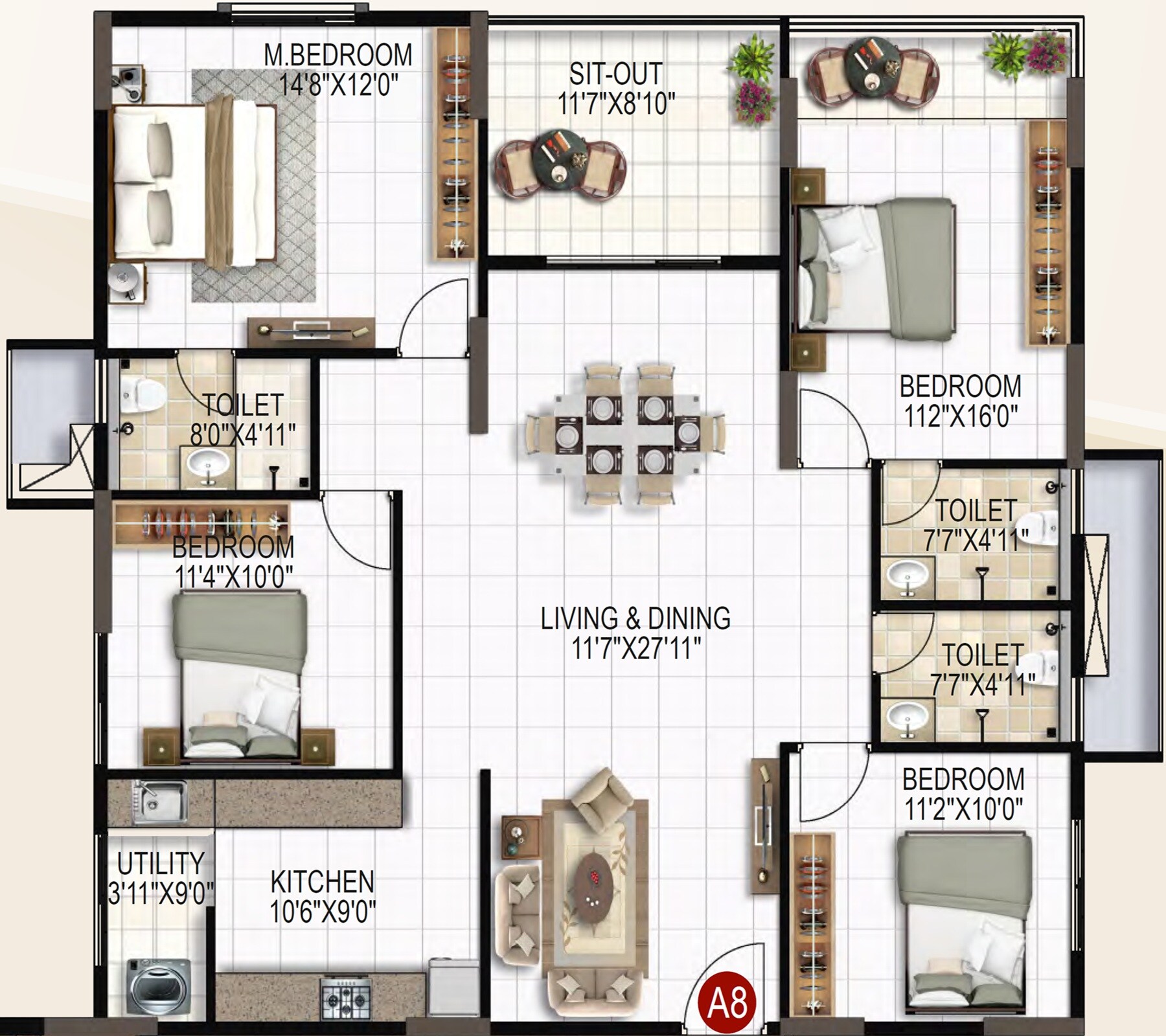 Floor plan of 4 BHK 1960 Sq. Ft. Apartment in United Sai Silicon Heights, Bangalore