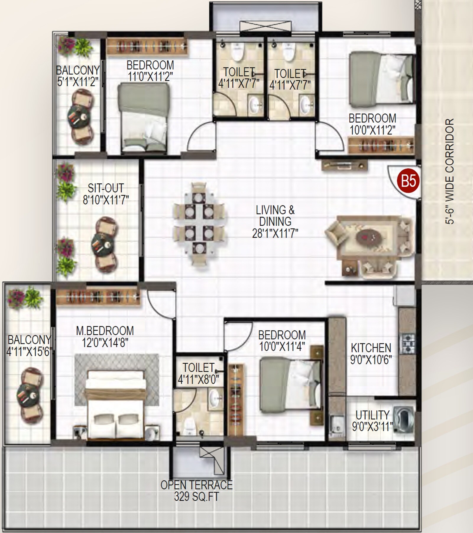 Floor plan of 4 BHK 2230 Sq. Ft. Apartment in United Sai Silicon Heights, Bangalore