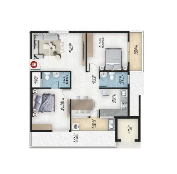 2 BHK 1005 Sq. Ft. Apartment