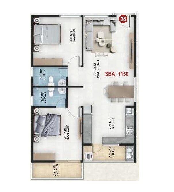 Floor plan of 2 BHK 1150 Sq. Ft. Apartment in United Sun City, Bangalore