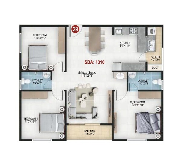 3 BHK 1310 Sq. Ft. Apartment