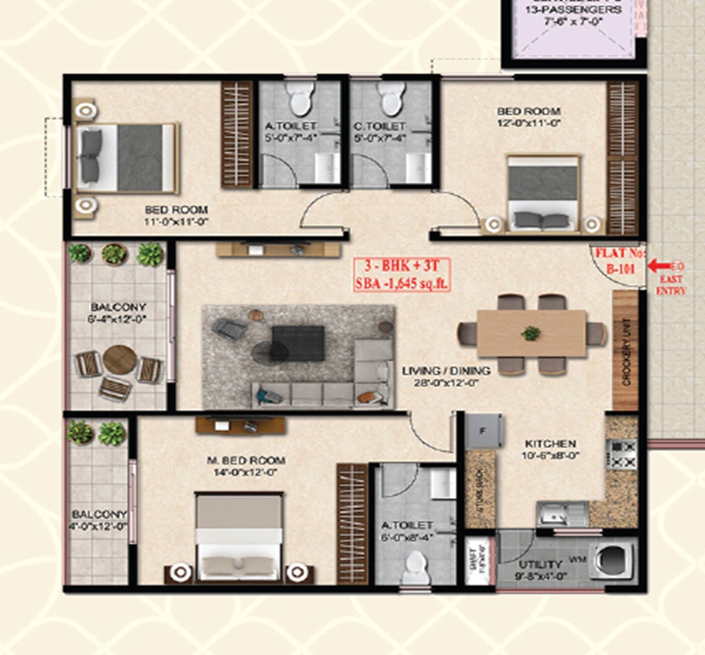 Floor plan of 3 BHK 1645 Sq. Ft. Apartment in United Suvarna Homes, Bangalore
