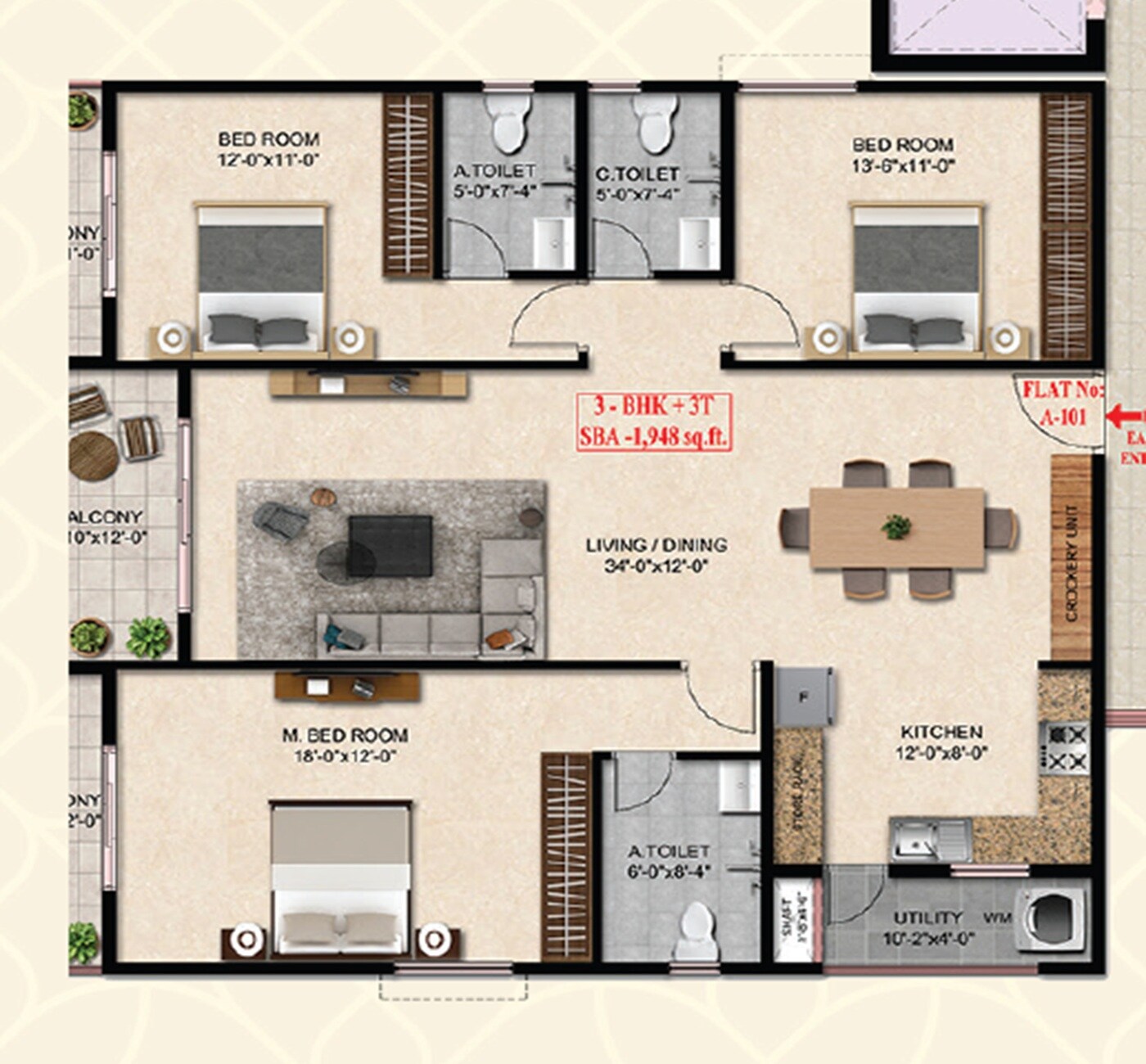 Floor plan of 3 BHK 1948 Sq. Ft. Apartment in United Suvarna Homes, Bangalore