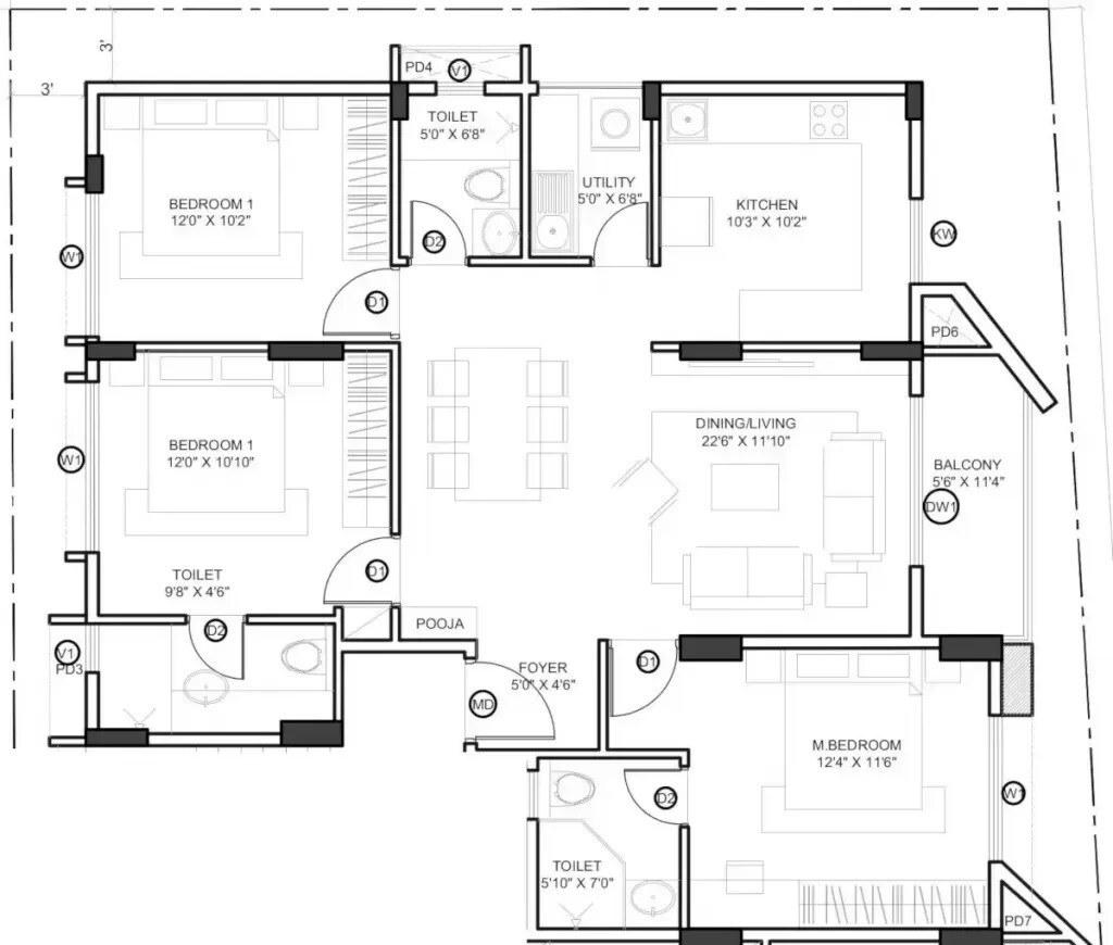 Floor plan of 3 BHK 1302 Sq. Ft. Apartment in Unity Saffire, Bangalore