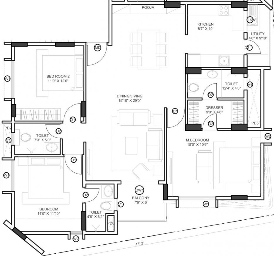 Floor plan of 3 BHK 1563 Sq. Ft. Apartment in Unity Saffire, Bangalore