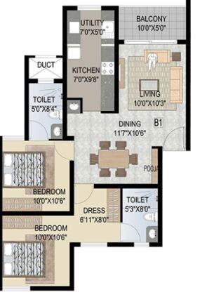 Floor plan of 2 BHK 1092 Sq. Ft. Apartment in Uniworth Serenity, Bangalore