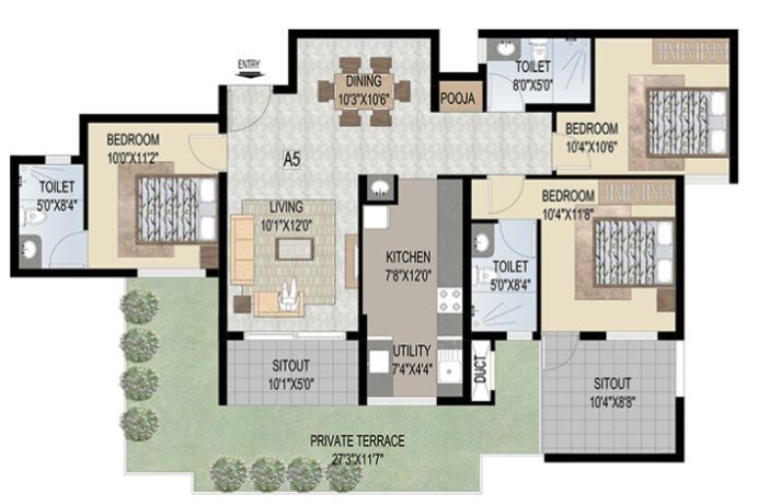 Floor plan of 3 BHK 1607 Sq. Ft. Apartment in Uniworth Serenity, Bangalore