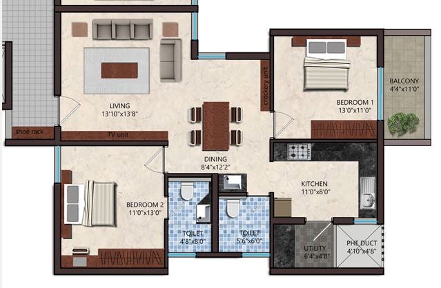 Floor plan of 2 BHK 1034 Sq. Ft. Apartment in Upscale Homes The Ripple, Bangalore
