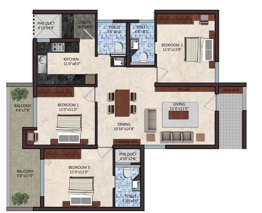 Floor plan of 3 BHK 1455 Sq. Ft. Apartment in Upscale Homes The Ripple, Bangalore