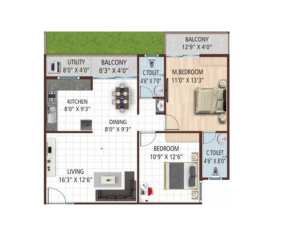 Floor plan of 2 BHK 1160 Sq. Ft. Apartment in Urban Mangolia, Bangalore