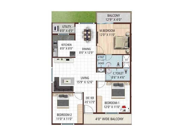 Floor plan of 3 BHK 1400 Sq. Ft. Apartment in Urban Mangolia, Bangalore