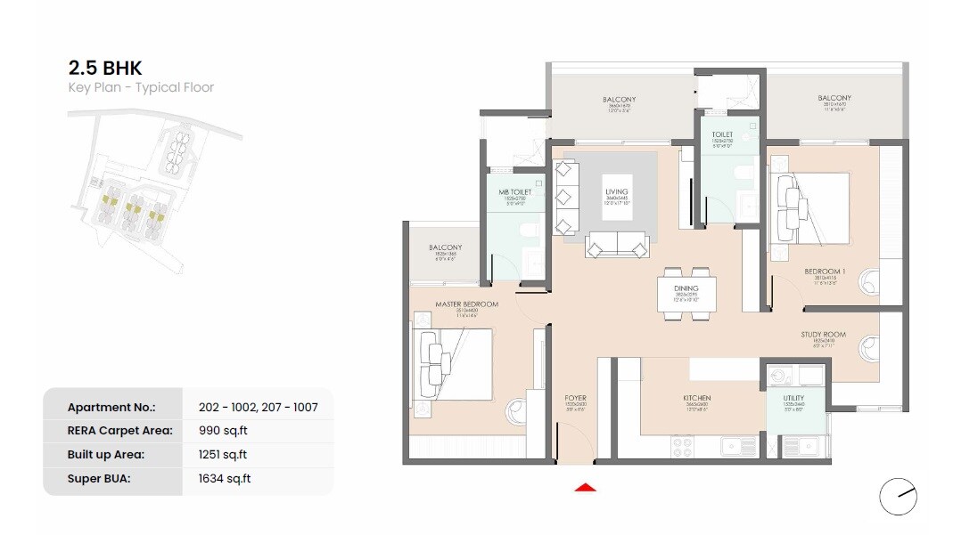 Floor plan of 2 BHK 1634 Sq. Ft. Apartment in Urban Serene Heights, Bangalore