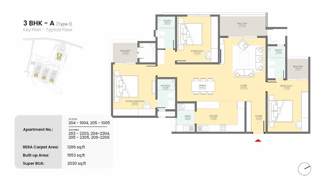 Floor plan of 3 BHK 2030 Sq. Ft. Apartment in Urban Serene Heights, Bangalore
