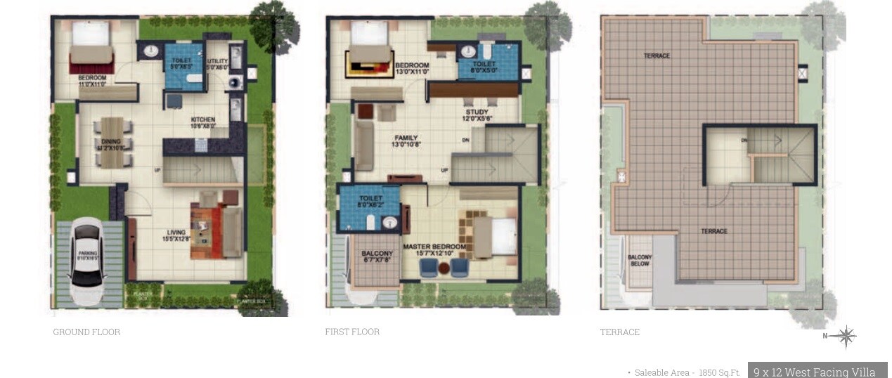 Floor plan of 3 BHK 1850 Sq. Ft. Row House in Urban Serenity Row Houses, Bangalore