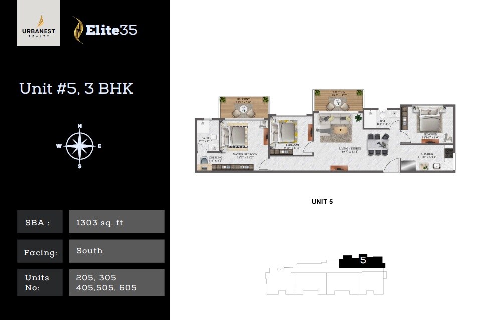 Floor plan of 3 BHK 1303 Sq. Ft. Apartment in Urbanest Elite 35, Bangalore