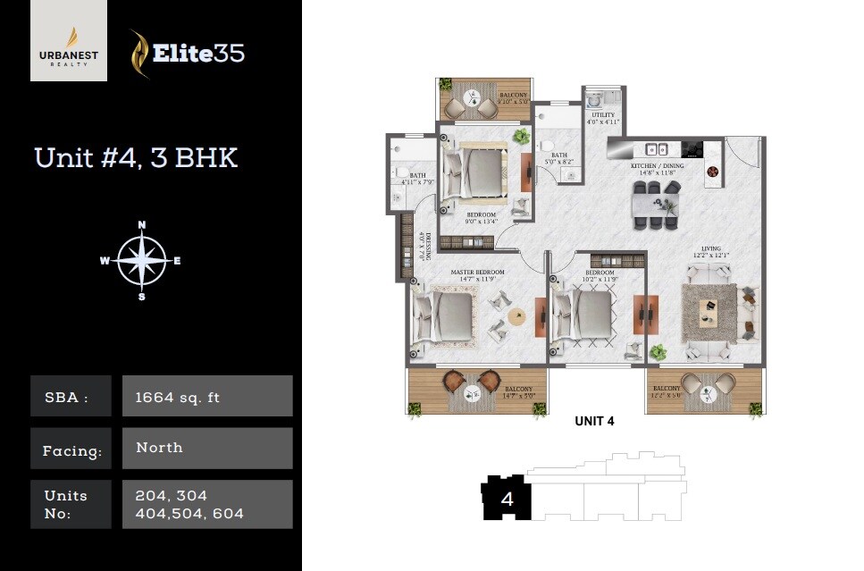 Floor plan of 3 BHK 1664 Sq. Ft. Apartment in Urbanest Elite 35, Bangalore