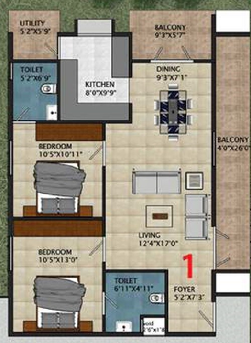 Floor plan of 2 BHK 1321 Sq. Ft. Apartment in Urbanest Regal, Bangalore