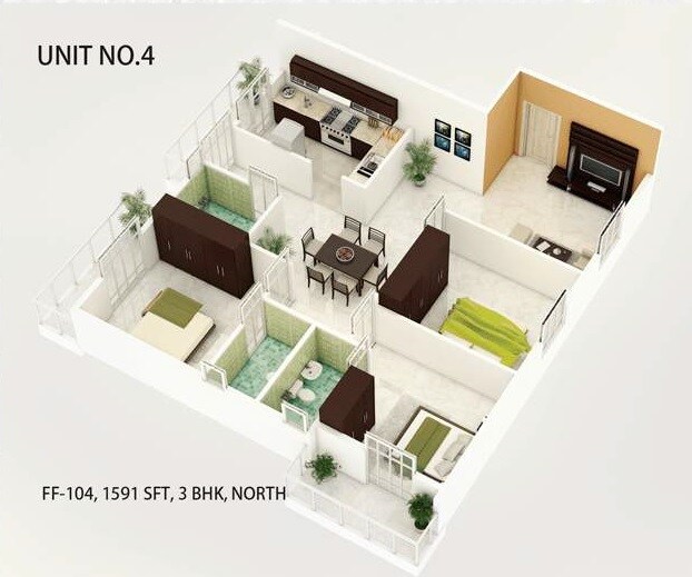 Floor plan of 3 BHK 1591 Sq. Ft. Apartment in Urbanest Regal, Bangalore