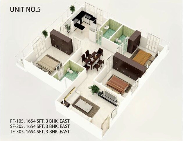 Floor plan of 3 BHK 1654 Sq. Ft. Apartment in Urbanest Regal, Bangalore