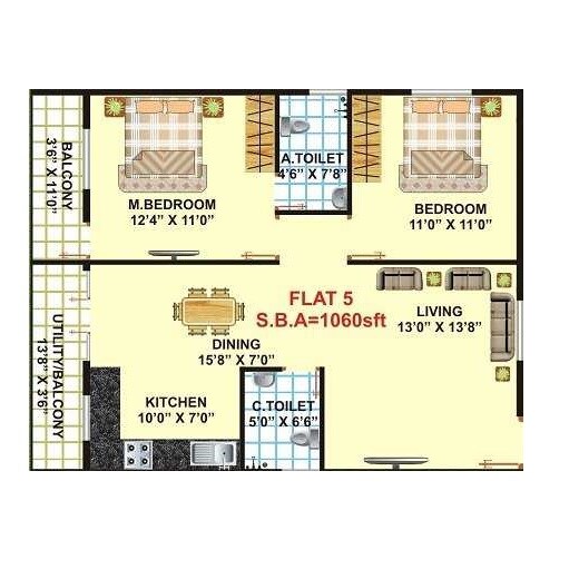 Floor plan of 2 BHK 1060 Sq. Ft. Apartment in Ushoodaya Pride, Bangalore