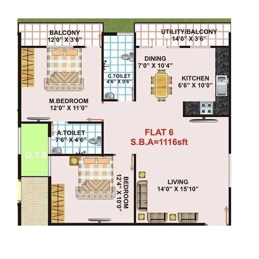 Floor plan of 2 BHK 1116 Sq. Ft. Apartment in Ushoodaya Pride, Bangalore