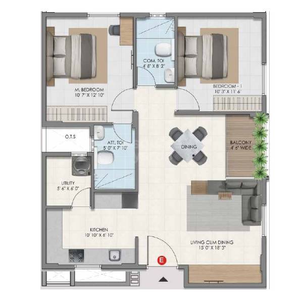 Floor plan of 2 BHK 1092 Sq. Ft. Apartment in USR Susowdha, Bangalore