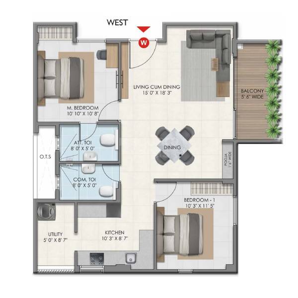 Floor plan of 2 BHK 1202 Sq. Ft. Apartment in USR Susowdha, Bangalore