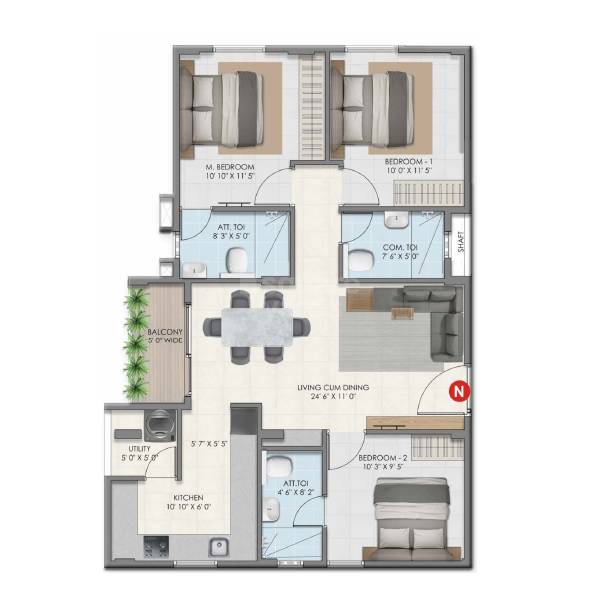 Floor plan of 3 BHK 1218 Sq. Ft. Apartment in USR Susowdha, Bangalore