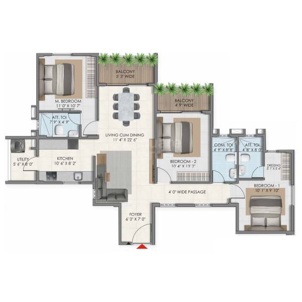 Floor plan of 3 BHK 1584 Sq. Ft. Apartment in USR Susowdha, Bangalore