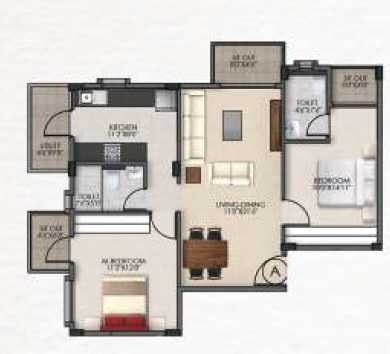 Floor plan of 2 BHK 1116 Sq. Ft. Apartment in V and K Northside, Bangalore