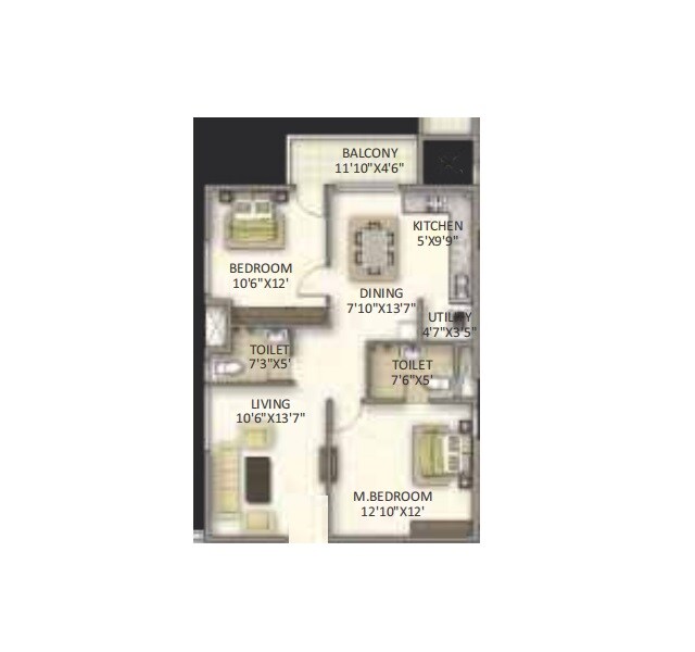 Floor plan of 2 BHK 1033 Sq. Ft. Apartment in V Classic, Bangalore