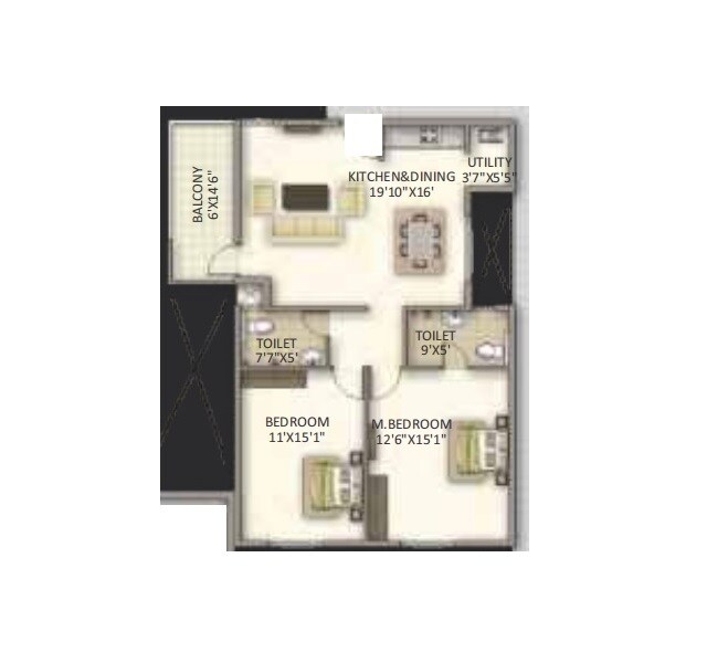 Floor plan of 2 BHK 1505 Sq. Ft. Apartment in V Classic, Bangalore