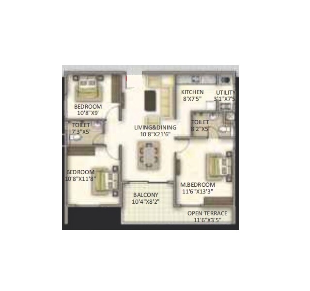 Floor plan of 3 BHK 1244 Sq. Ft. Apartment in V Classic, Bangalore