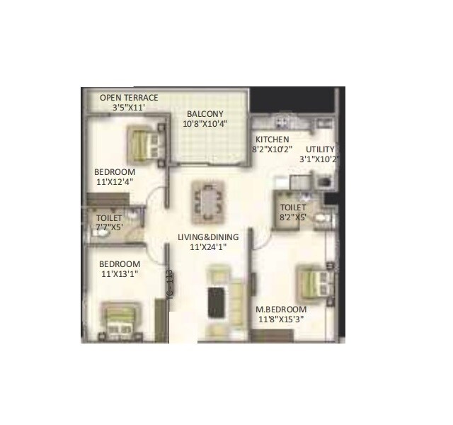 Floor plan of 3 BHK 1586 Sq. Ft. Apartment in V Classic, Bangalore