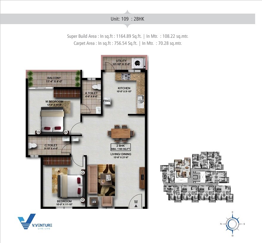 Floor plan of 2 BHK 1165 Sq. Ft. Apartment in V Venture Eva, Bangalore