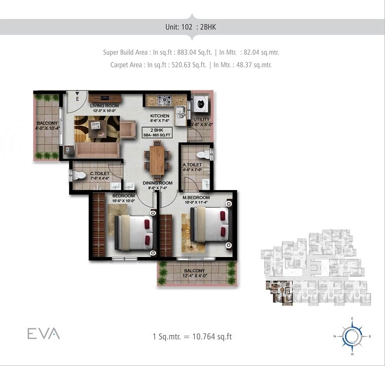 Floor plan of 2 BHK 883 Sq. Ft. Apartment in V Venture Eva, Bangalore