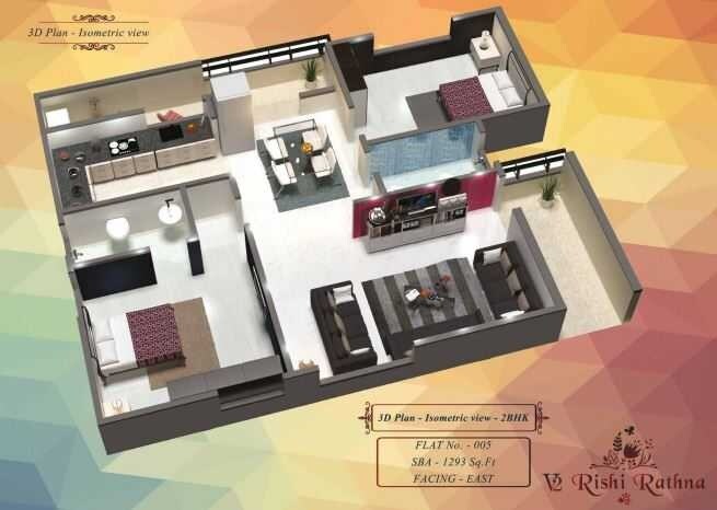 Floor plan of 2 BHK 1293 Sq. Ft. Apartment in V2 Rishi Ratna, Bangalore