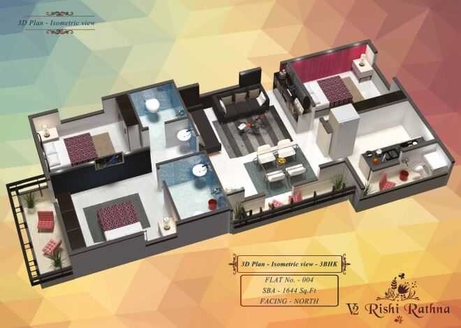 Floor plan of 3 BHK 1644 Sq. Ft. Apartment in V2 Rishi Ratna, Bangalore