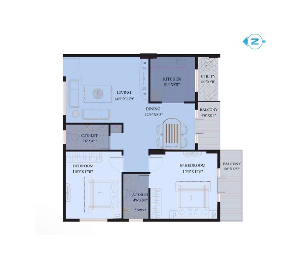 Floor plan of 2 BHK 1080 Sq. Ft. Apartment in V2 Vaishak, Bangalore