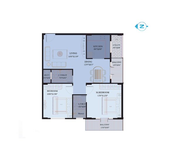 Floor plan of 2 BHK 1160 Sq. Ft. Apartment in V2 Vaishak, Bangalore
