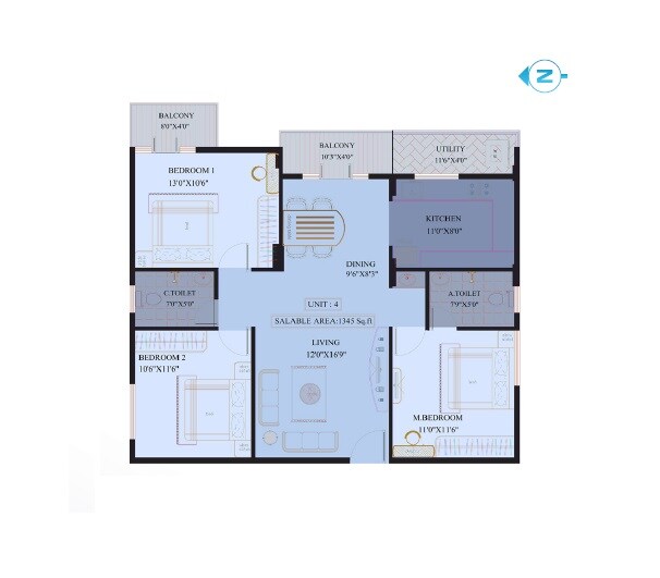 Floor plan of 3 BHK 1345 Sq. Ft. Apartment in V2 Vaishak, Bangalore