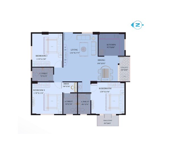 Floor plan of 3 BHK 1600 Sq. Ft. Apartment in V2 Vaishak, Bangalore