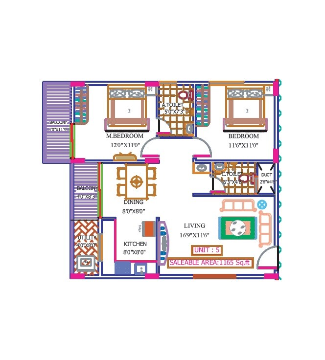 Floor plan of 2 BHK 1165 Sq. Ft. Apartment in V2 Vishanth, Bangalore