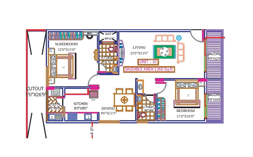 Floor plan of 2 BHK 1260 Sq. Ft. Apartment in V2 Vishanth, Bangalore
