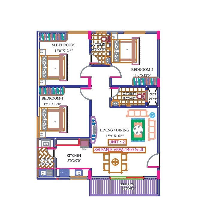 Floor plan of 3 BHK 1400 Sq. Ft. Apartment in V2 Vishanth, Bangalore