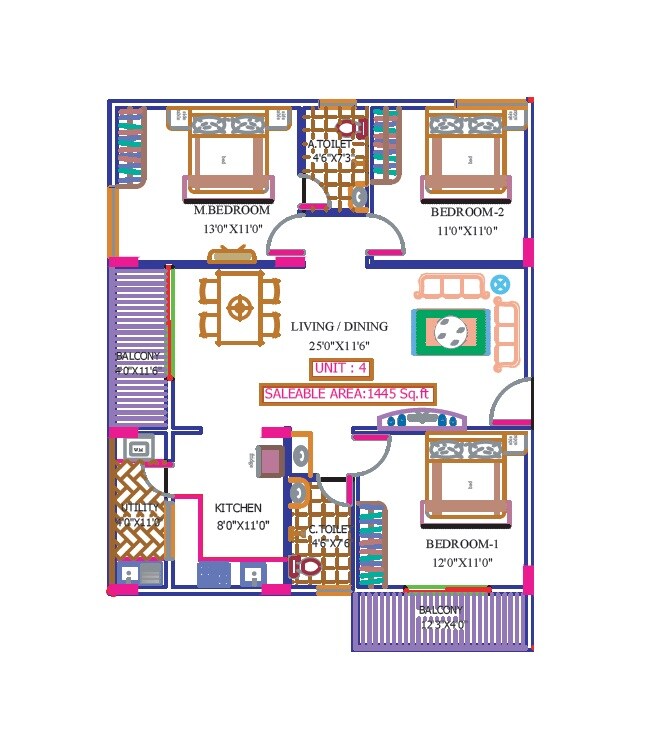 Floor plan of 3 BHK 1445 Sq. Ft. Apartment in V2 Vishanth, Bangalore